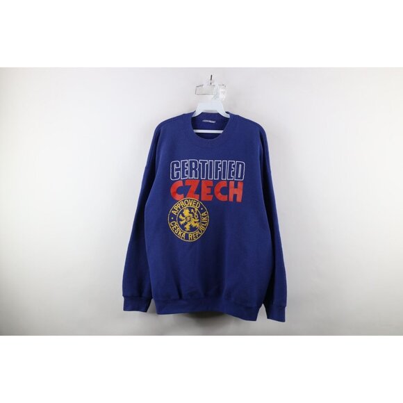 Vintage 90s Mens XL Faded Spell Out Certified Czech Czechoslovakia Sweatshirt - Picture 1 of 10